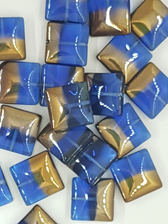 14.5MM SQUARE RED COPPER PLATED GLASS BEADS - BLUE