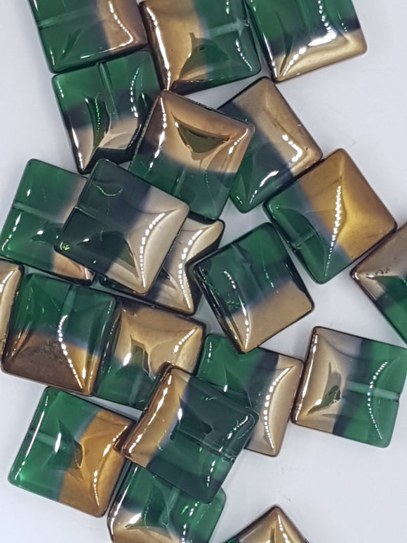14.5MM SQUARE RED COPPER PLATED GLASS BEADS - GREEN