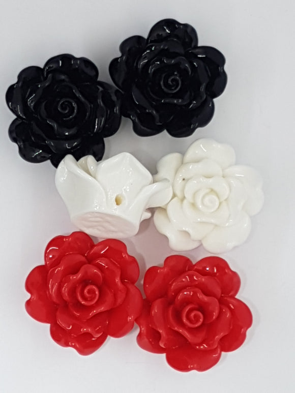 24x13MM RESIN OPAQUE ROSE FLOWERS - BLACK, RED, WHITE