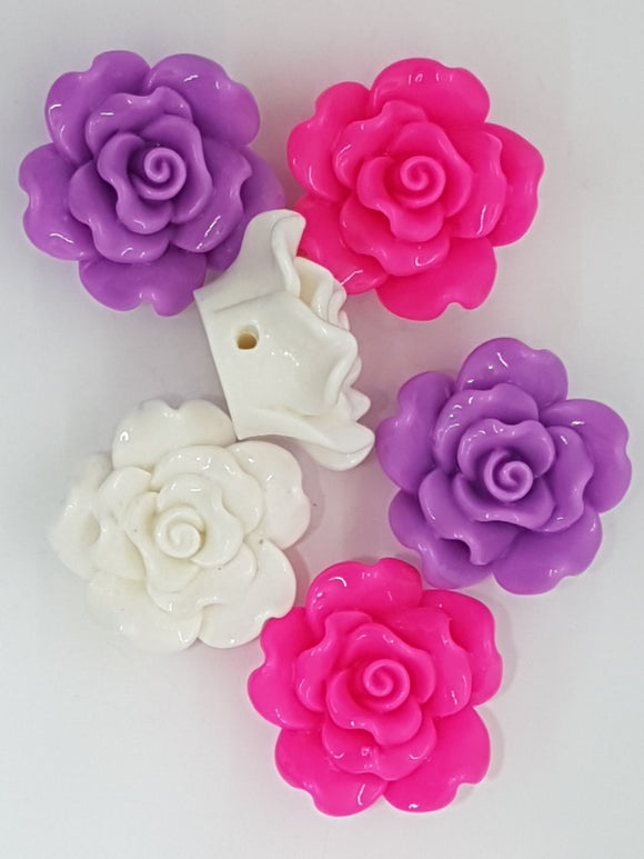24x13MM RESIN OPAQUE ROSE FLOWERS - WHITE, HOT PINK, PURPLE