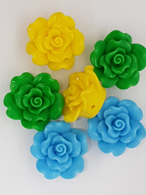 24x13MM RESIN OPAQUE ROSE FLOWERS - GREEN, YELLOW, BLUE