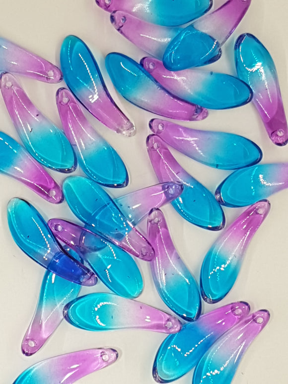 26x8.5x3.5MM GLASS PENDANT/BEAD LEAVES - BLUE/ORCHID