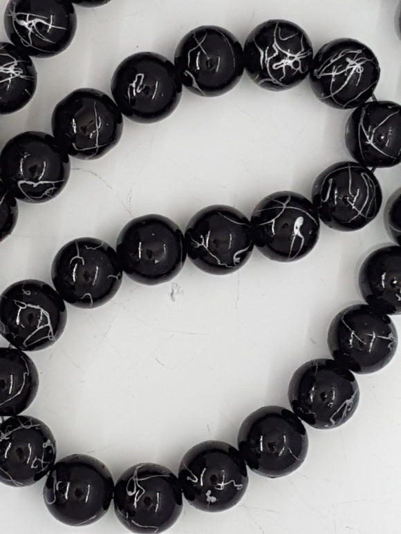 10MM  GLASS BEADS - BLACK - White Mottle