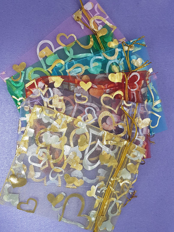 HEART PRINTED ORGANZA BAGS - 12CM X 10CM - MIXED COLOURS