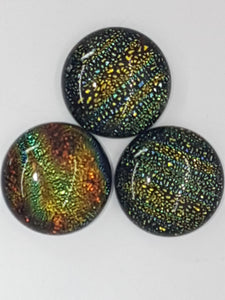 CABOCHON - 18MM DICHROIC GLASS  -ROUND - GREEN WITH COLOUR STRIPES