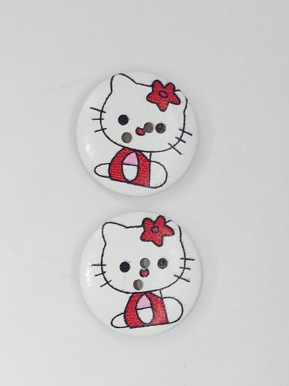 BUTTONS - 25MM WOODEN CAT MOTIF - RED/WHITE