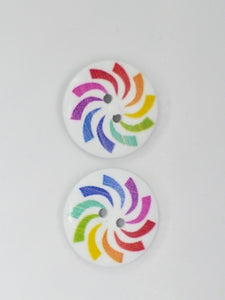 BUTTONS - 25MM WOODEN PINWHEEL MOTIF - RAINBOW