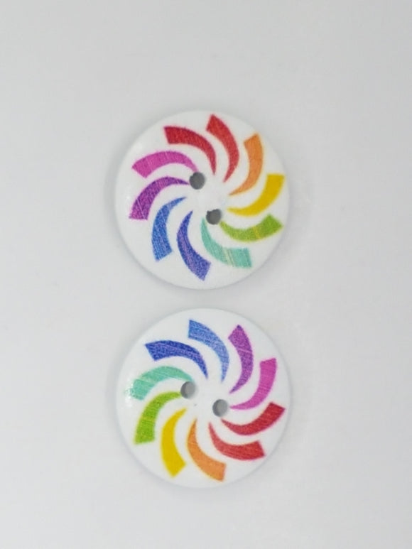 BUTTONS - 25MM WOODEN PINWHEEL MOTIF - RAINBOW