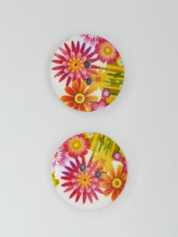 BUTTONS - 25MM WOODEN FLOWER MOTIF - CRIMSON/ORANGE