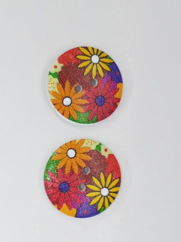 BUTTONS - 25MM WOODEN FLOWER MOTIF - RED/ORANGE