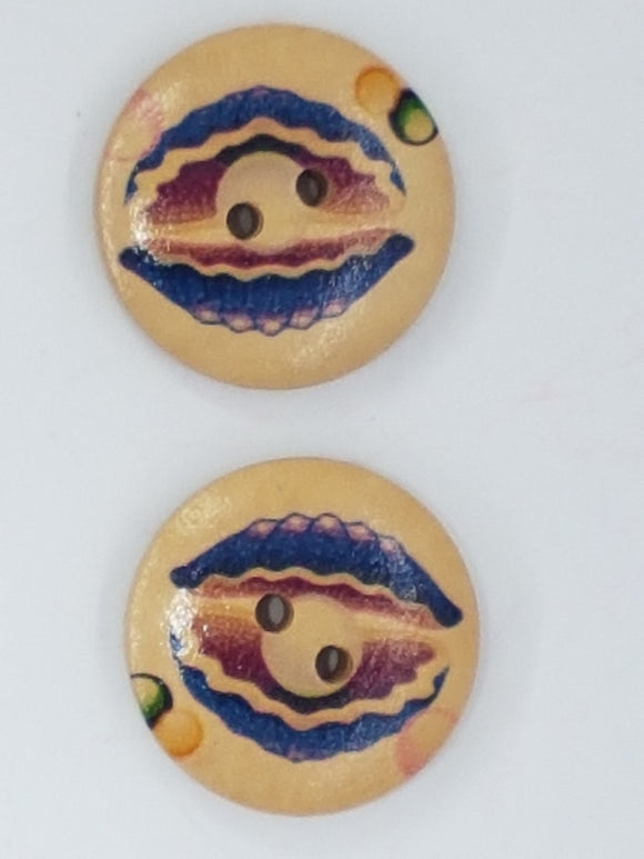 BUTTONS - 20MM WOODEN CLAM SHELL MOTIF - BLUE/PURPLE