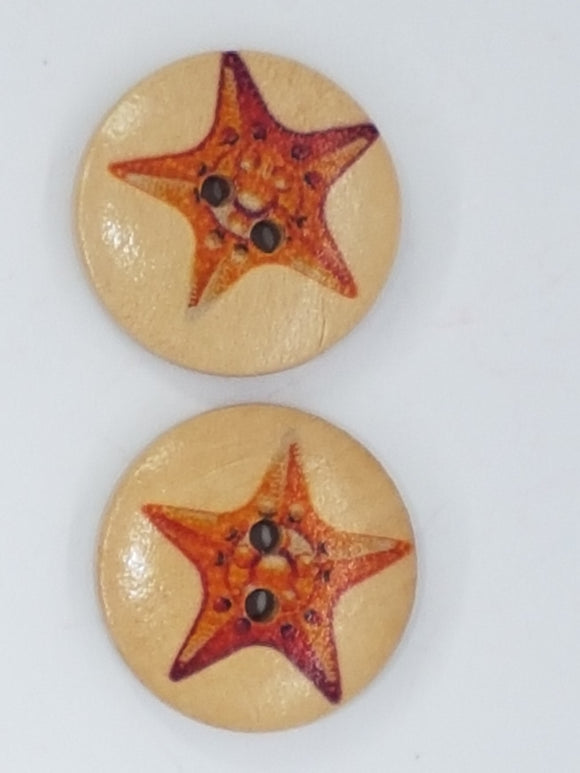 BUTTONS - 20MM WOODEN STARFISH MOTIF - ORANGE