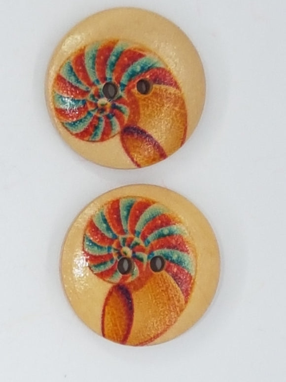 BUTTONS - 20MM WOODEN SHELL MOTIF - RED/BLUE