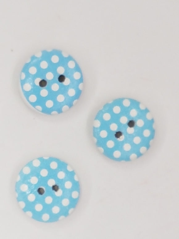 BUTTONS - 15MM WOODEN - POLKA DOT - BLUE