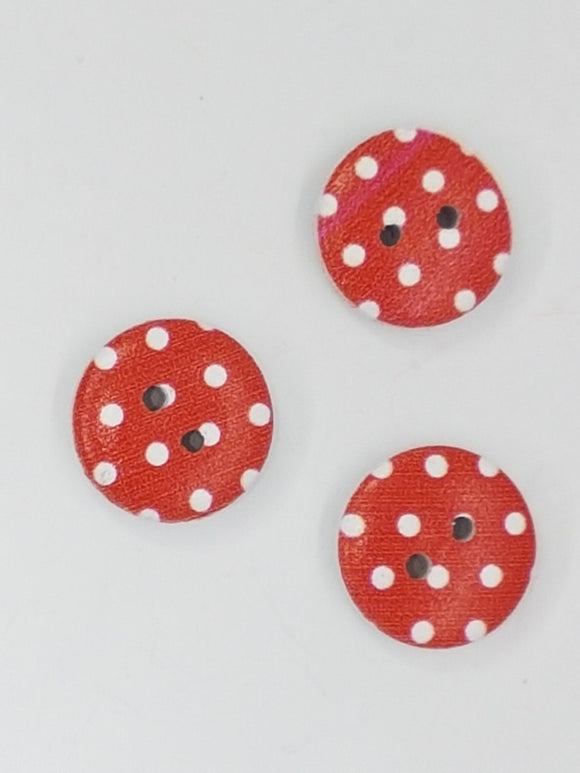 BUTTONS - 15MM WOODEN - POLKA DOT - RED DOT2