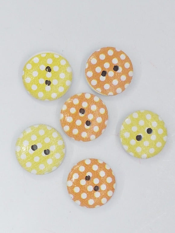 BUTTONS - 15MM WOODEN - POLKA DOT - YELLOW/GREEN/CAMEL