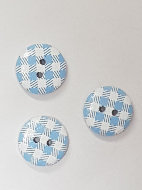 BUTTONS - 15MM WOODEN - PLAID - BLUE