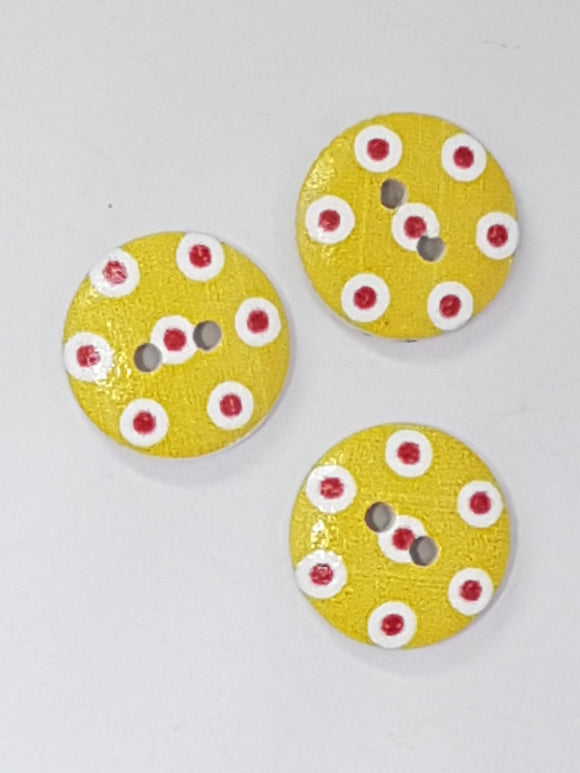 BUTTONS - 15MM WOODEN - POLKA DOT - YELLOW