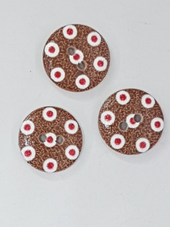 BUTTONS - 15MM WOODEN - POLKA DOT - BROWN