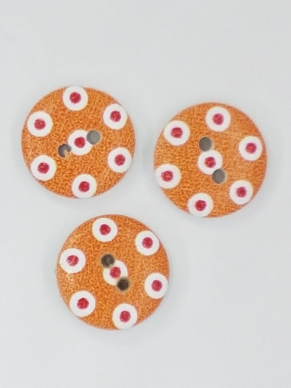 BUTTONS - 15MM WOODEN - POLKA DOT - ORANGE