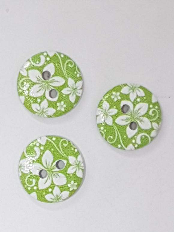 BUTTONS - 15MM WOODEN - PLUM BLOSSOM - GREEN