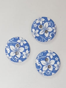 BUTTONS - 15MM WOODEN - PLUM BLOSSOM - BLUE