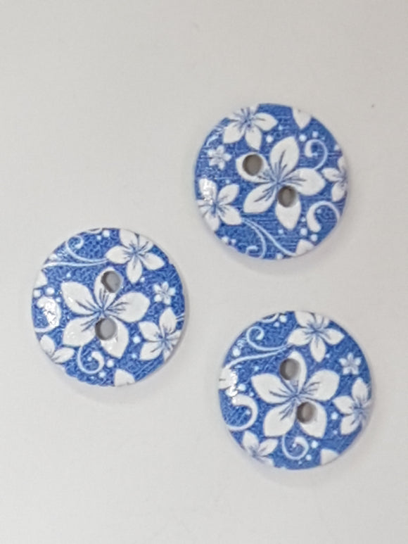 BUTTONS - 15MM WOODEN - PLUM BLOSSOM - BLUE