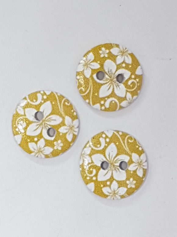 BUTTONS - 15MM WOODEN - PLUM BLOSSOM - MUSTARD