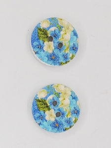 BUTTONS - 15MM WOODEN - FLOWERS - BLUE/CREAM