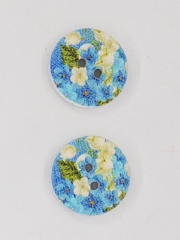 BUTTONS - 15MM WOODEN - FLOWERS - BLUE/CREAM