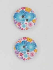 BUTTONS - 15MM WOODEN - HEARTS - BLUE
