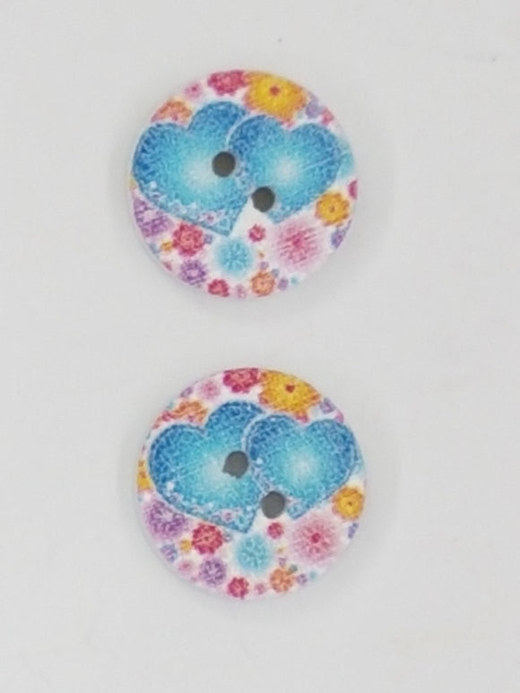 BUTTONS - 15MM WOODEN - HEARTS - BLUE