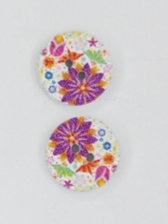 BUTTONS - 15MM WOODEN - PURPLE FLOWERS