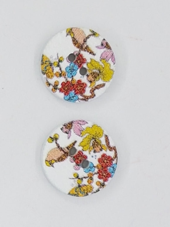 BUTTONS - 15MM WOODEN - BIRD & FLOWERS