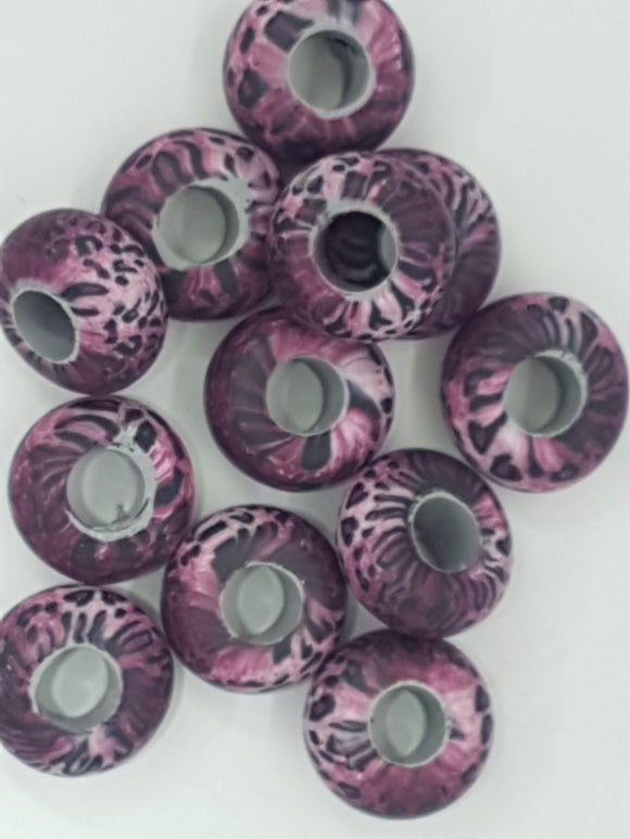15MM LARGE HOLE POLYMER CLAY RONDELLES - CRIMSON LEOPARD MIX