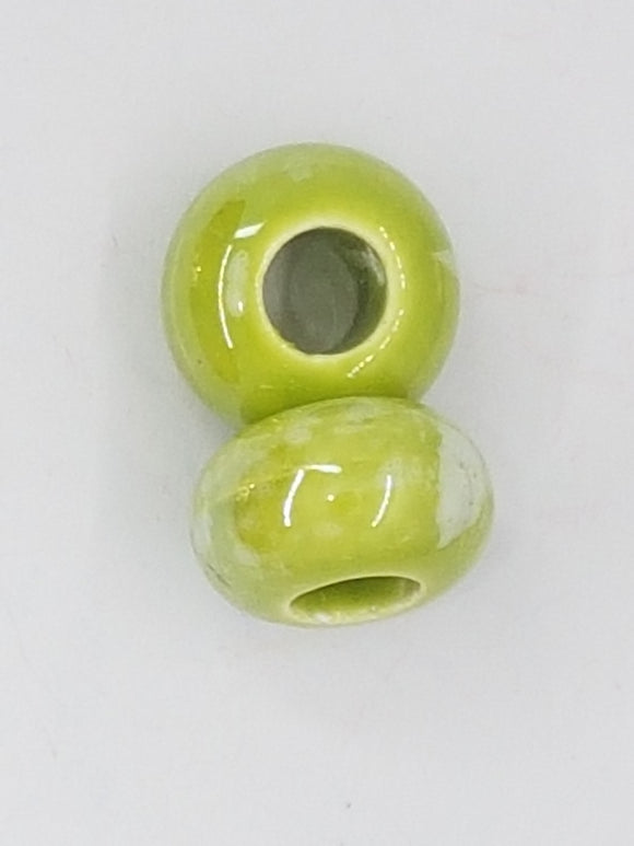 15-16x9-10MM LARGE HOLE H/MADE PORCELAIN RONDELLES - GREEN/WHITE
