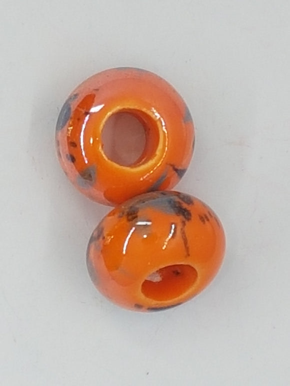15-16x9-10MM LARGE HOLE H/MADE PORCELAIN RONDELLES - ORANGE MOTTLE