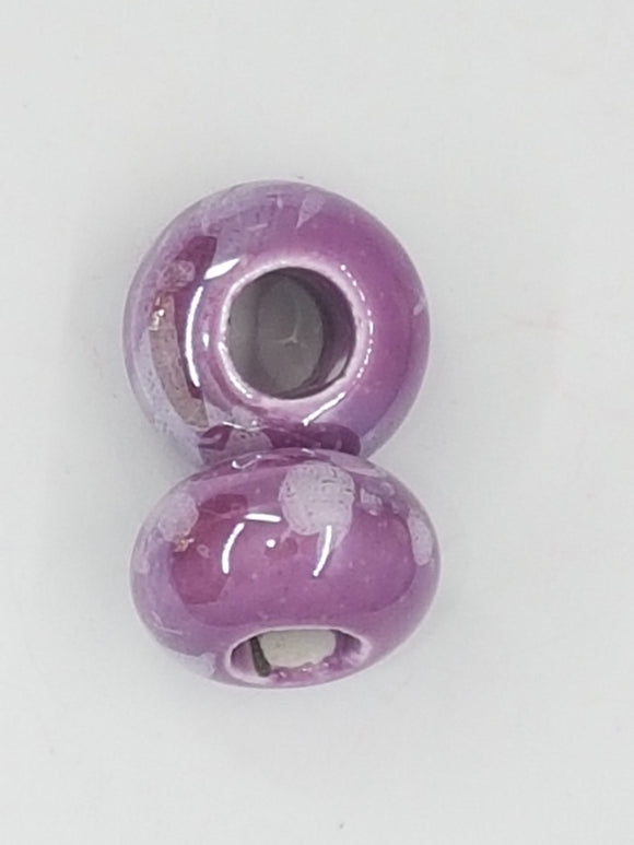 15-16x9-10MM LARGE HOLE H/MADE PORCELAIN RONDELLES - PLUM/WHITE