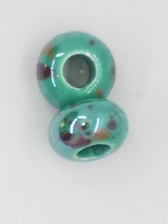 15-16x9-10MM LARGE HOLE H/MADE PORCELAIN RONDELLES - GREEN/BROWN