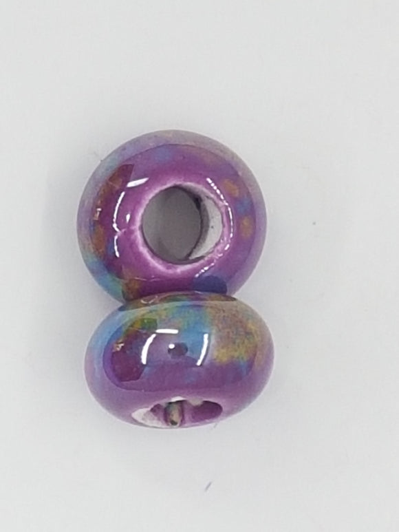 15-16x9-10MM LARGE HOLE H/MADE PORC. RONDELLES - PLUM/BLUE/GOLD