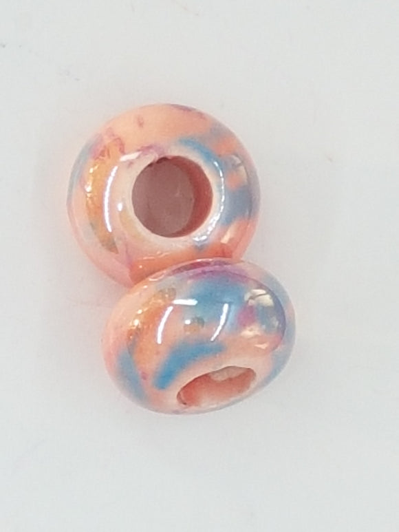 15-16x9-10MM LARGE HOLE H/MADE PORC. RONDELLES - SALMON/BLUE