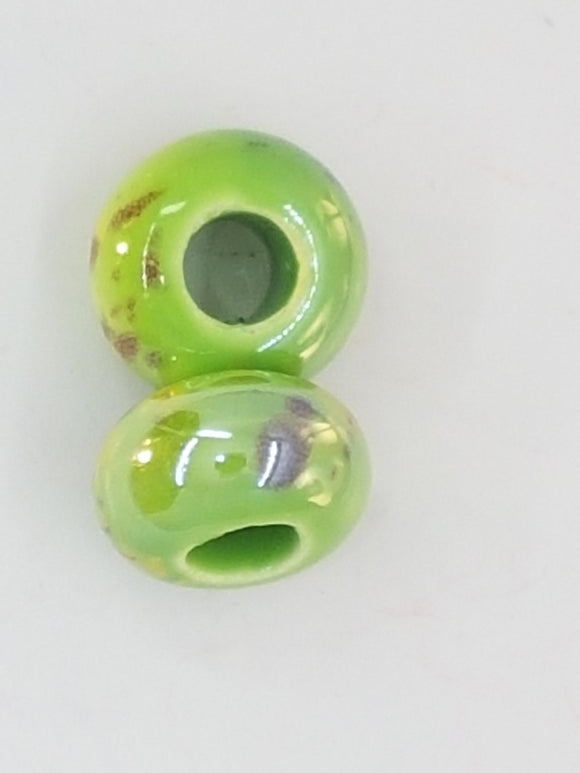 15-16x9-10MM LARGE HOLE H/MADE PORC. RONDELLES - GREEN/BROWN