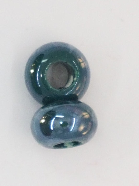 15-16x9-10MM LARGE HOLE H/MADE PORC. RONDELLES - DARK GREEN/WHITE