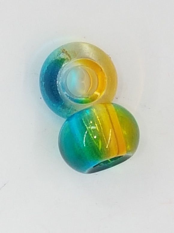 14MM LARGE HOLE GLASS TWO-TONED RONDELLES - AQUA/YELLOW
