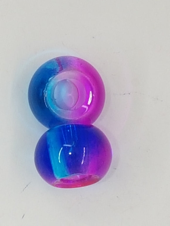 14MM LARGE HOLE GLASS TWO-TONED RONDELLES - BLUE/FUCHSIA