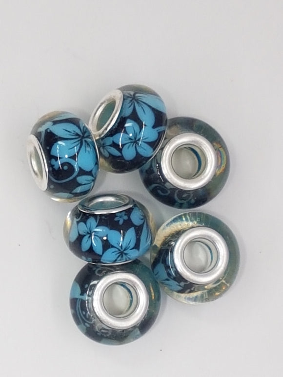 14MM LARGE HOLE ACRYLIC RONDELLES - BLUE FLOWERS