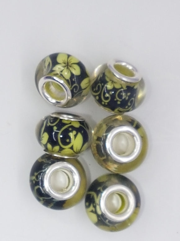 14MM LARGE HOLE ACRYLIC RONDELLES - YELLOW FLOWERS