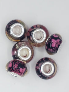 14MM LARGE HOLE ACRYLIC RONDELLES - DARK PINK FLOWERS