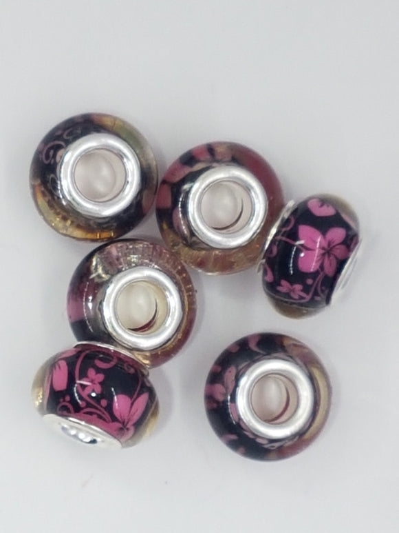 14MM LARGE HOLE ACRYLIC RONDELLES - DARK PINK FLOWERS