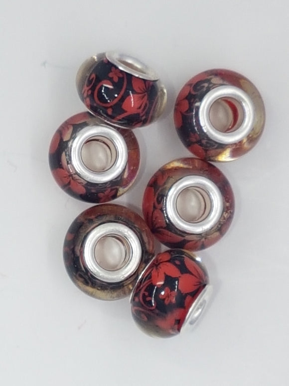14MM LARGE HOLE ACRYLIC RONDELLES - RED/ORANGE FLOWERS
